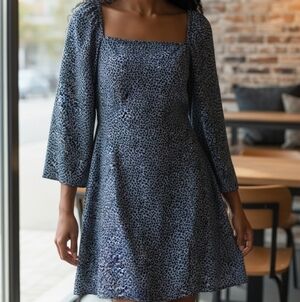 Abercrombie M Blue Floral Puff Sleeve Square Neck Dress Cottagecore Minimalist